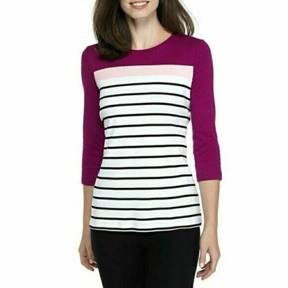 𝅺kim Rogers Pink White Striped Pullover Crew Neck 3/4 Sleeve Top Size XL NWT - Picture 1 of 9